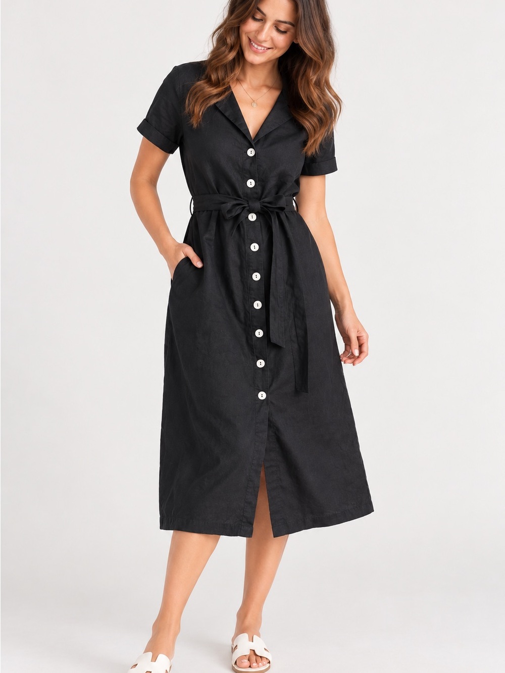 Quince Black Button-Front Midi Shirt Dress with Tie Waist